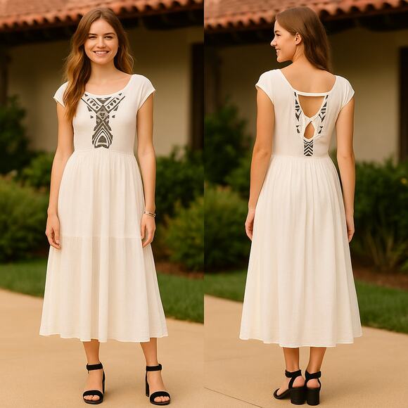 Free People White Cotton Gown with Black Embroidery Detail - Size M - Picture 1 of 16